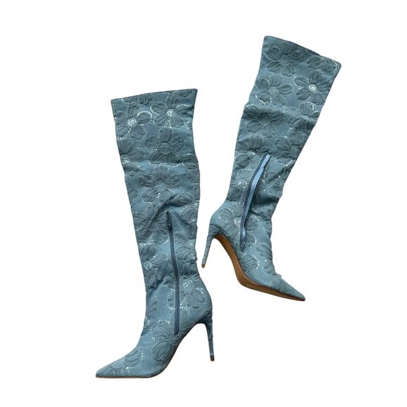 FASHION NOVA Blue Floral Embellished Over The Knee Boots Size 10 NEW NWOT - Picture 6 of 10